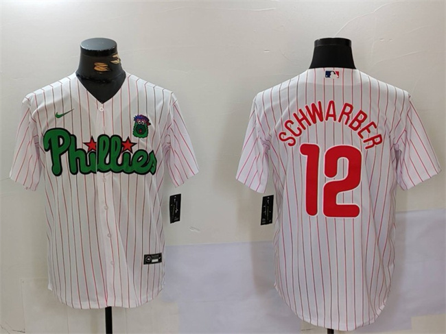 Men's Philadelphia Phillies #12 Kyle Schwarber White/Green Cool Base Stitched Jersey